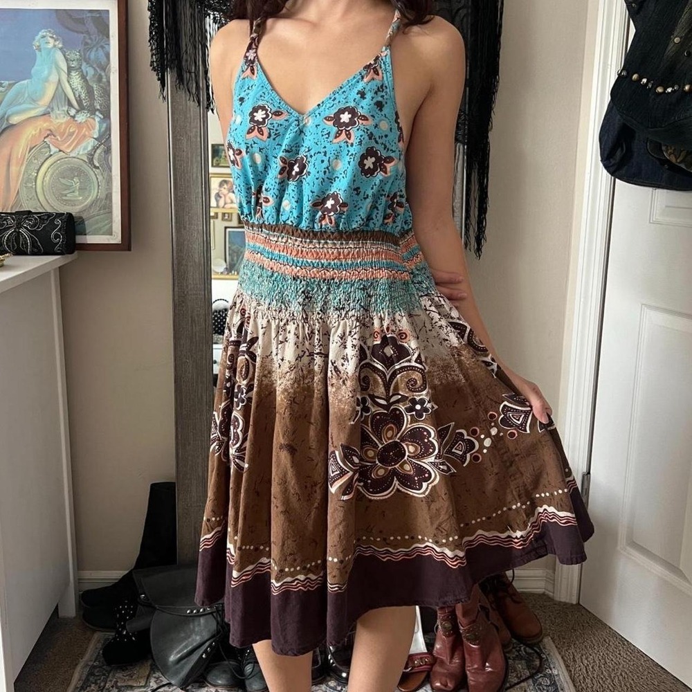 Cassees Boho Floral Midi Dress Teal Brown Smocked Waist Y2K 2000s Cotton Medium - Picture 3 of 6